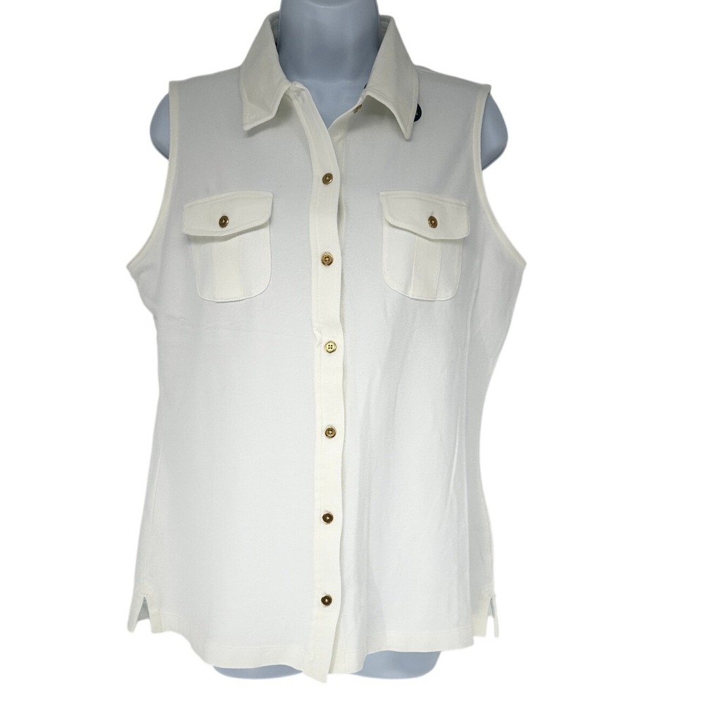 Lands End Modern Fit Sleeveless Polo Women M 10-12 White Textured Button Front